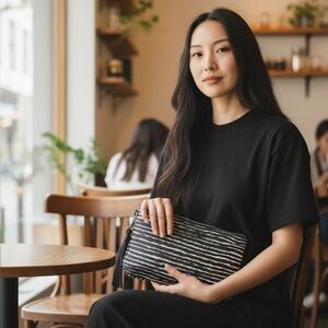 The Sak black and white  wristlet with a beautiful bright pink interior
